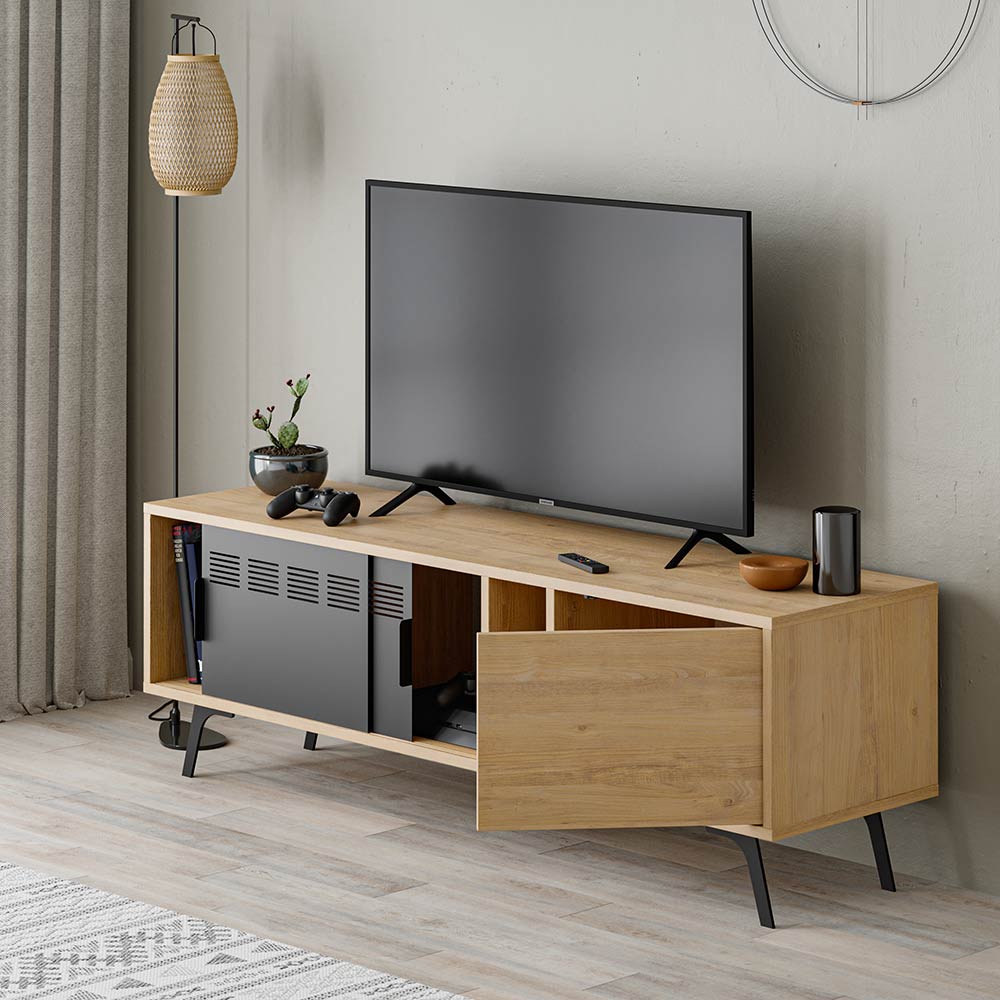 Meuble TV moderne LULIA 148 cm - Chêne et Noir - séjour ou salon