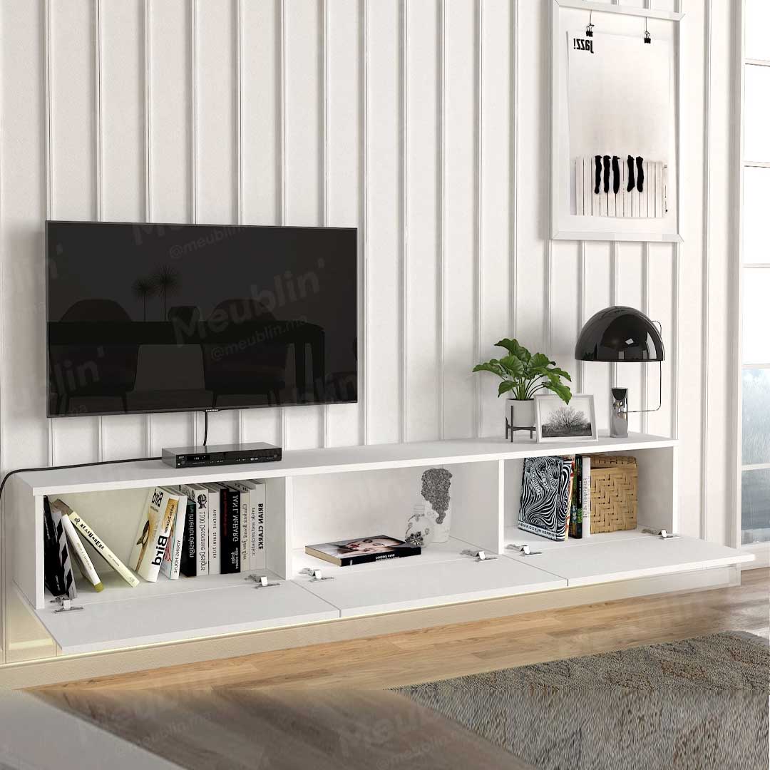 Meuble TV design suspendu DAMLA 180 cm Blanc - Séjour et Salon