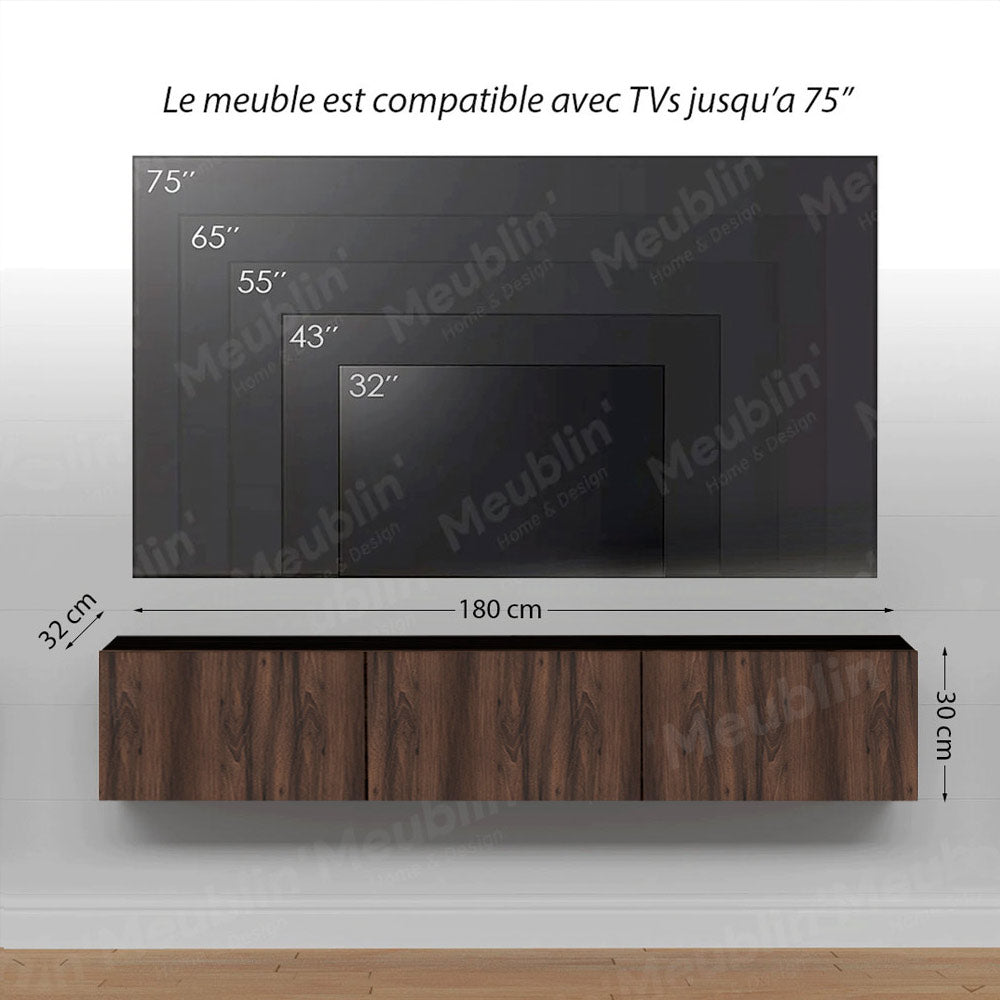 Meuble TV design suspendu AGDAL 180 cm - Noir et Bois Marron Foncé