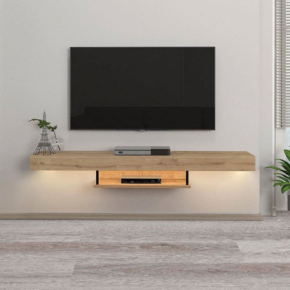 Meuble TV suspendu ALBERES 150 cm - Chêne - avec éclairage LED