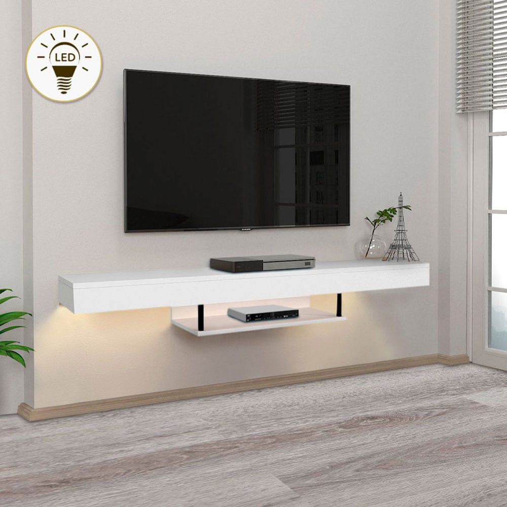Meuble TV suspendu ALBERES 150 cm - Blanc - avec éclairage LED