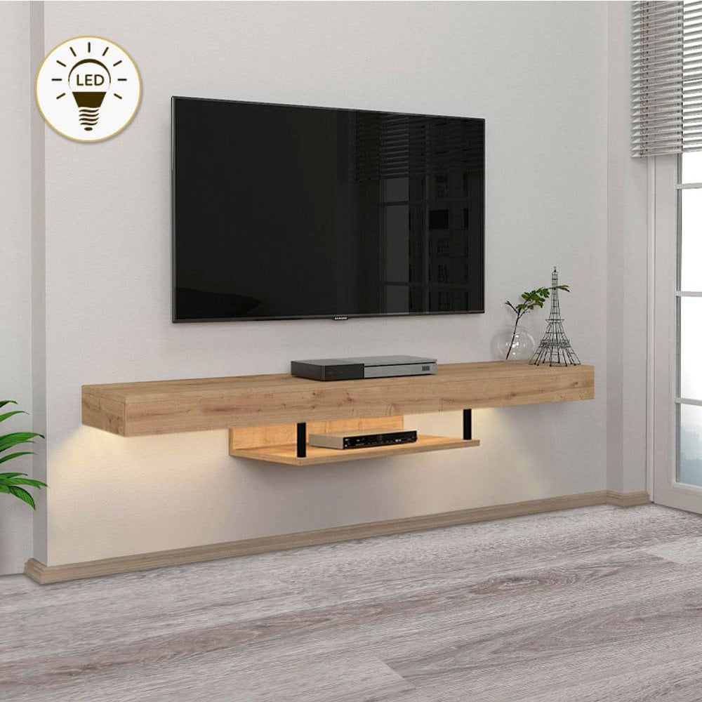 Meuble TV suspendu ALBERES 150 cm - Chêne - avec éclairage LED