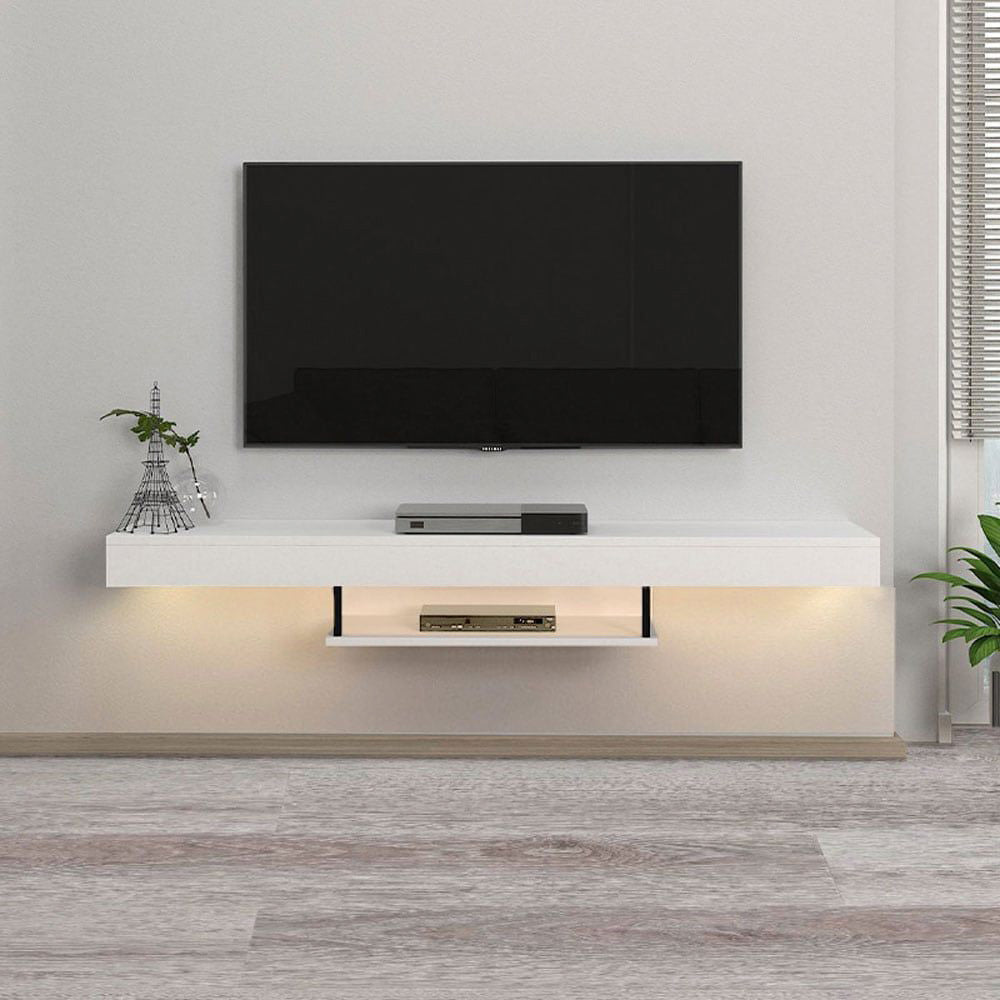 Meuble TV suspendu ALBERES 150 cm - Blanc - avec éclairage LED