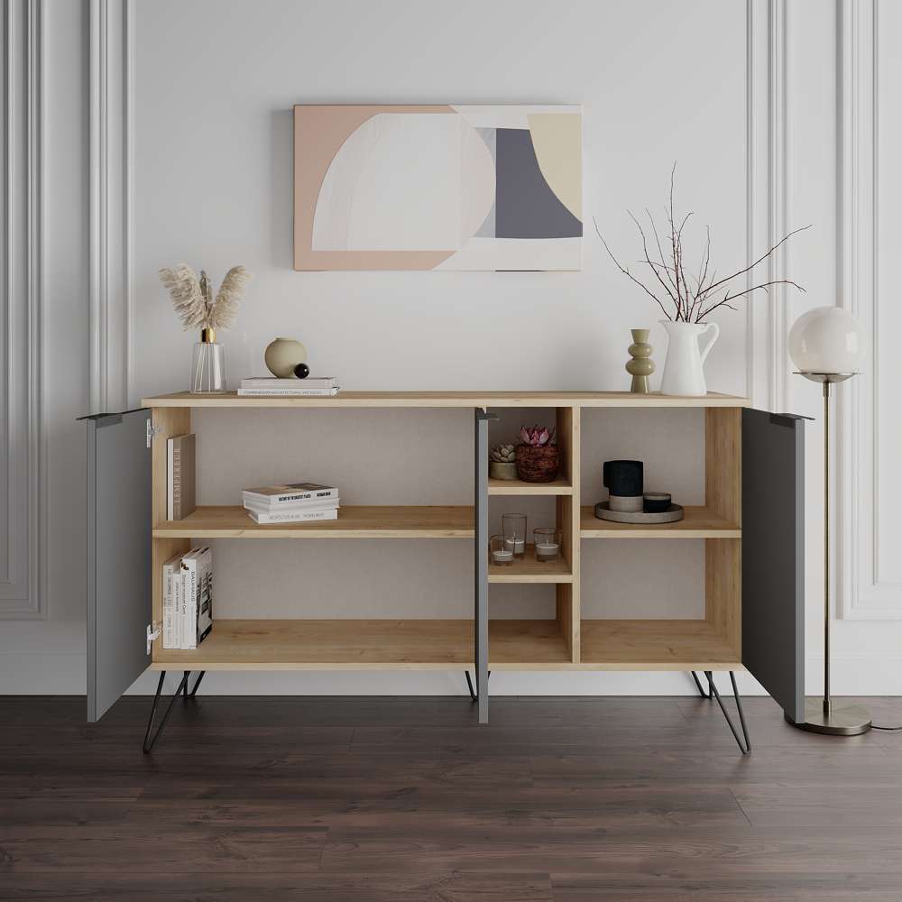 Console CLARA 142 cm - Buffet et Bahut de rangement - Chêne et gris