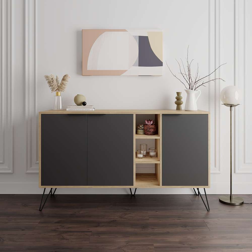 Console CLARA 142 cm - Buffet et Bahut de rangement - Chêne et gris