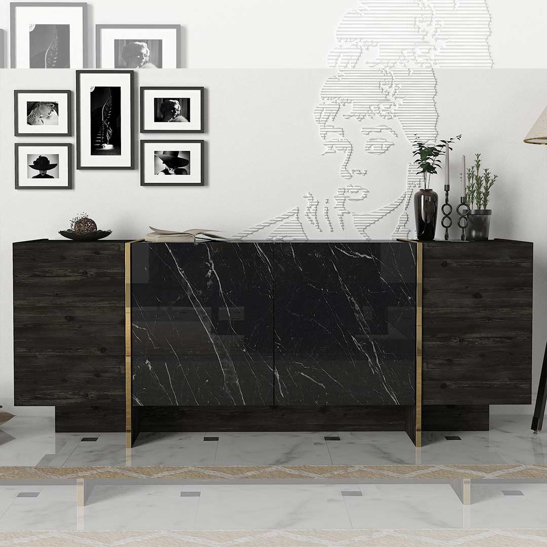 Console VEYRON 180 cm - Buffet et Bahut de rangement - Effet marbre noir