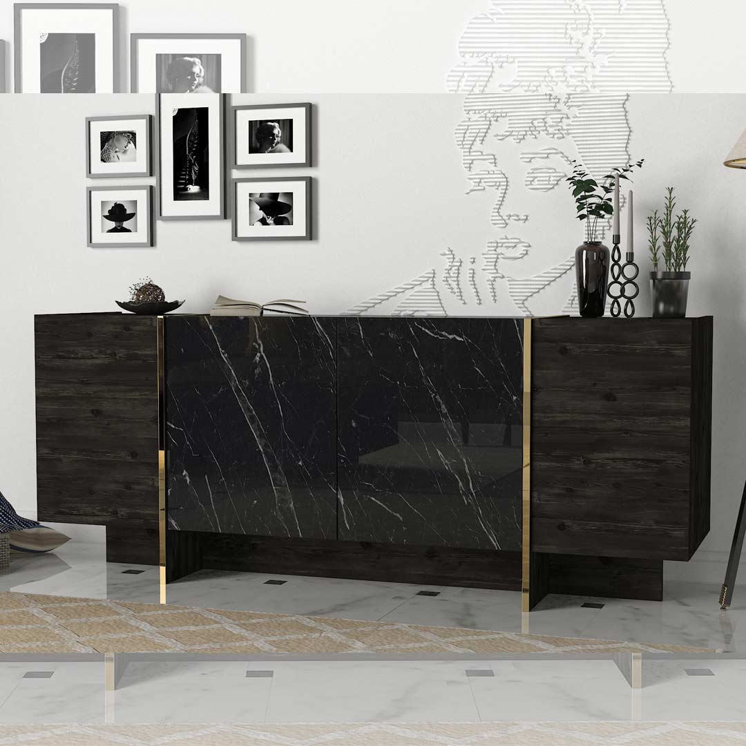 Console VEYRON 180 cm - Buffet et Bahut de rangement - Effet marbre noir