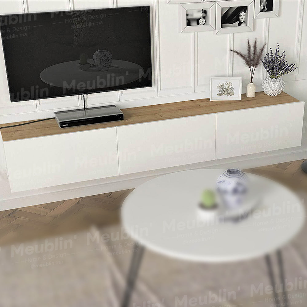 Meuble TV suspendu PALM 180 cm à 3 portes - Blanc et chêne
