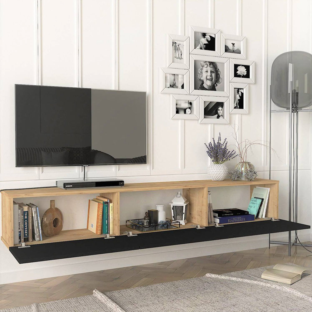 Meuble TV design suspendu DAMLA 180 cm - Chêne et noir