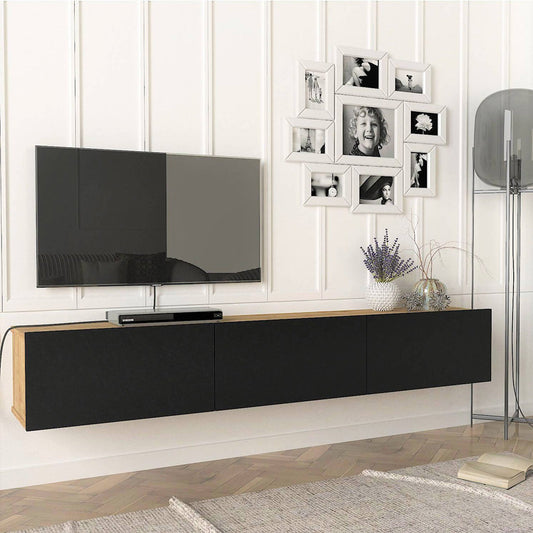 Meuble TV design suspendu DAMLA 180 cm - Chêne et noir