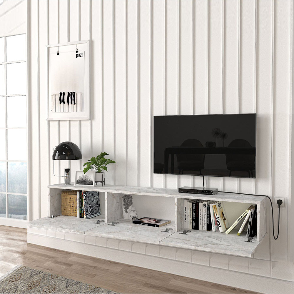 Meuble TV suspendu DAMLA 180 cm à 3 portes - Effet marbre blanc