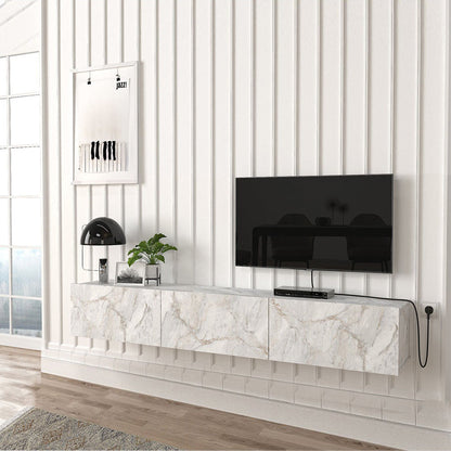 Meuble TV suspendu DAMLA 180 cm à 3 portes - Effet marbre blanc