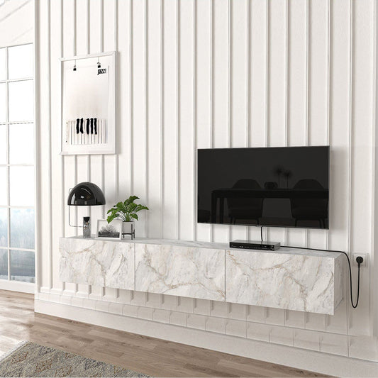 Meuble TV suspendu DAMLA 180 cm à 3 portes - Effet marbre blanc
