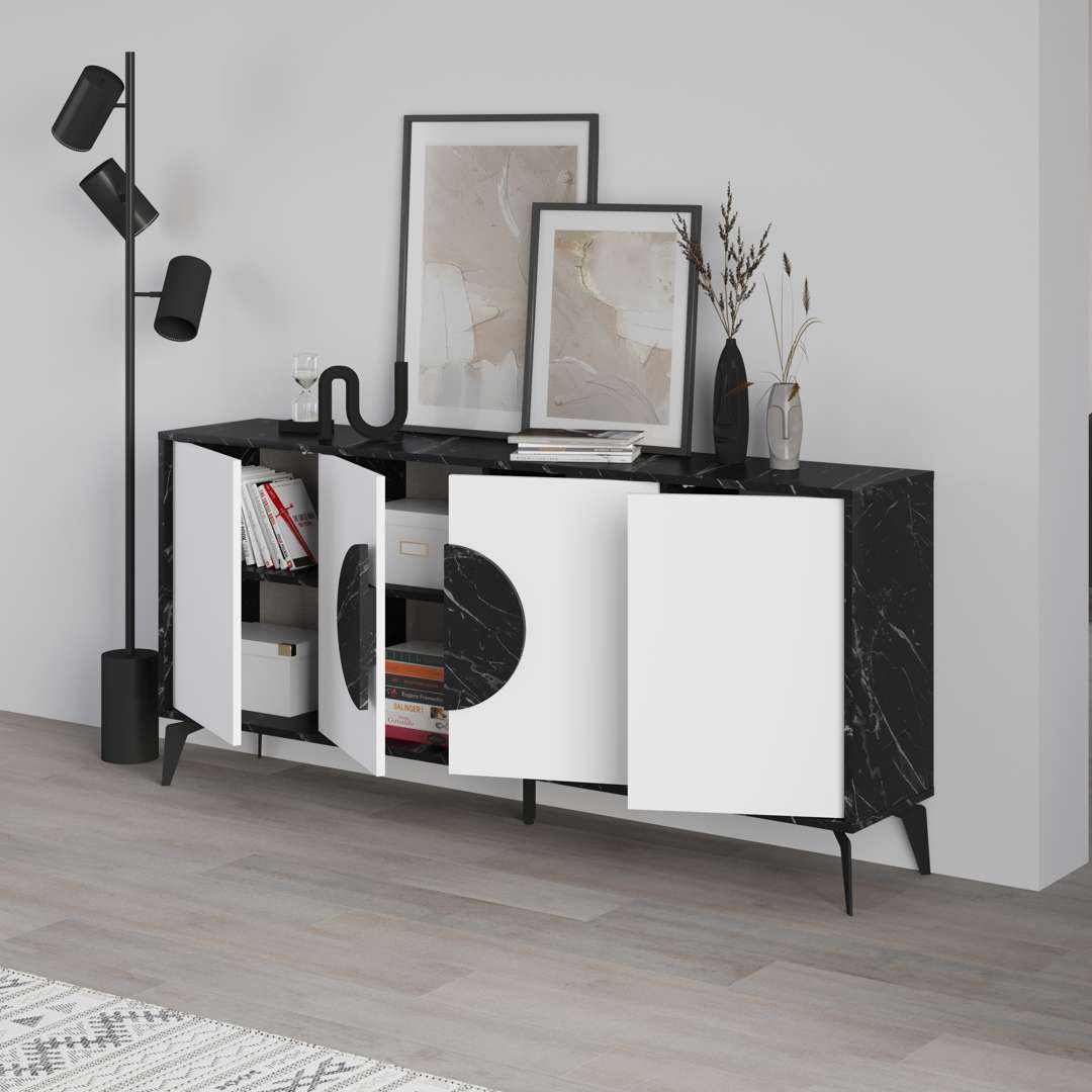 Console GORA 180 cm - Buffet et Bahut de rangement - Noir et blanc