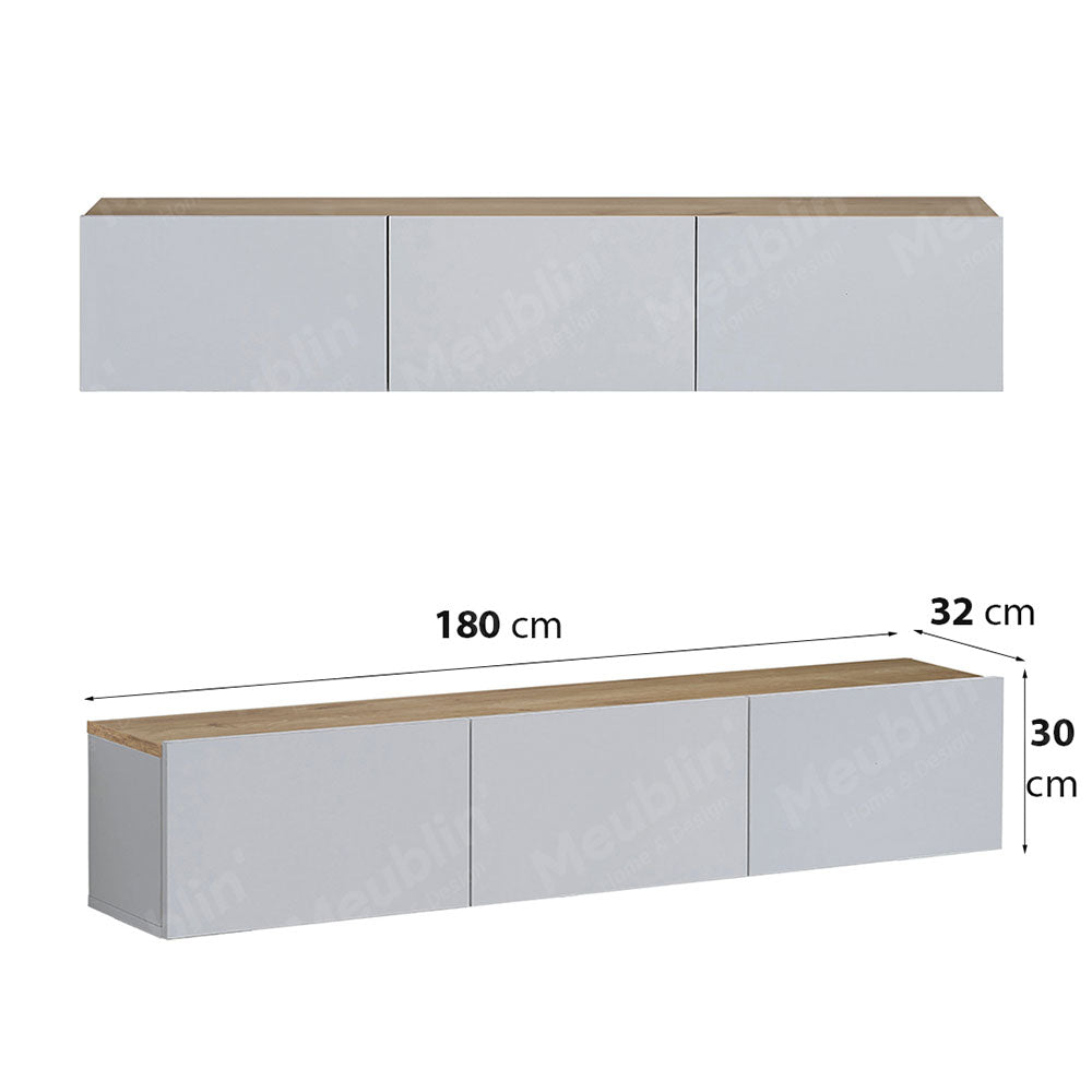 Meuble TV suspendu PALM 180 cm à 3 portes - Blanc et chêne