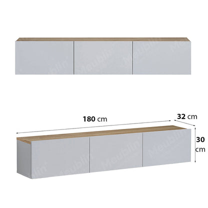 Meuble TV suspendu PALM 180 cm à 3 portes - Blanc et chêne