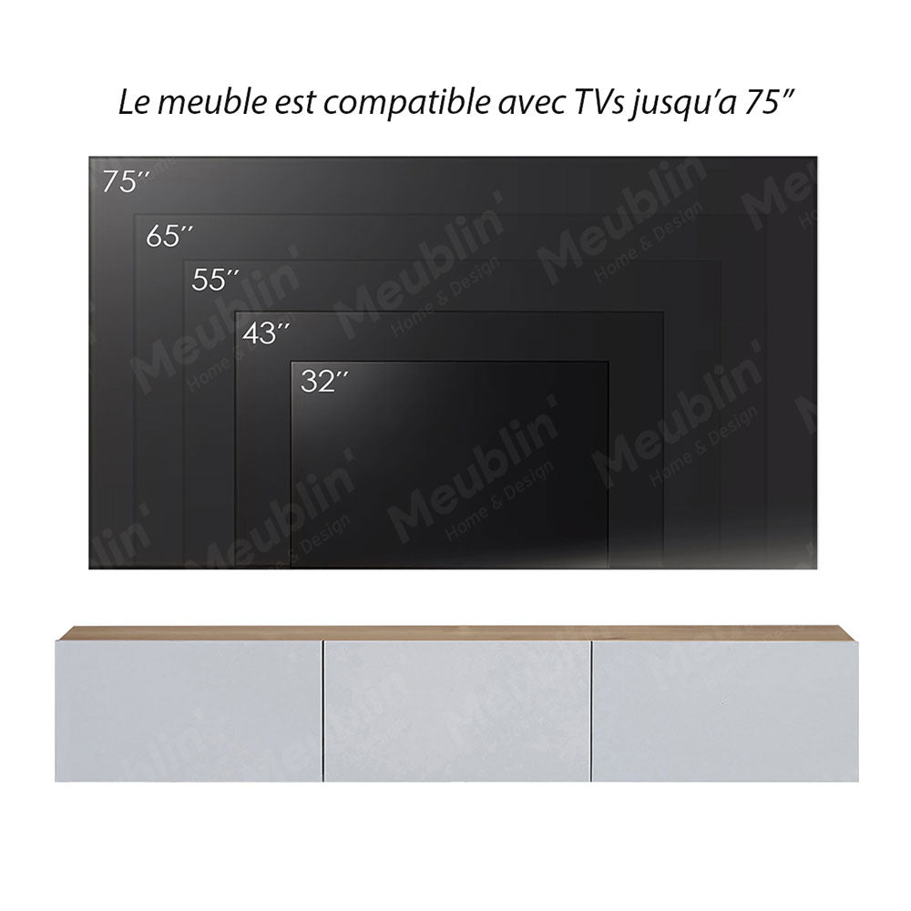 Meuble TV suspendu DAMLA 180 cm - Chene et Blanc - Éclairage LED