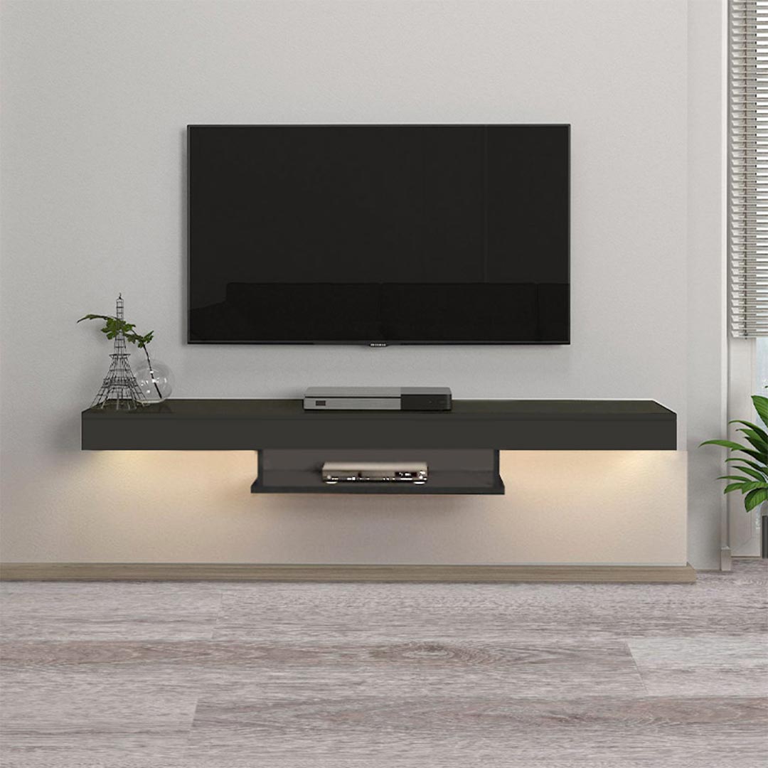 Meuble TV design suspendu ALBERES 150 cm - Gris avec éclairage LED