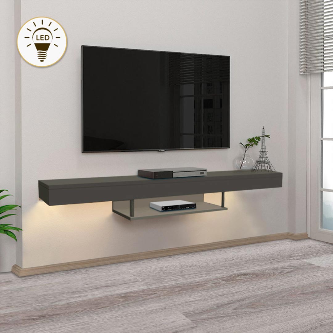 Meuble TV design suspendu ALBERES 150 cm - Gris avec éclairage LED