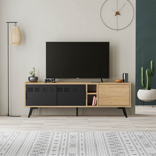 Meuble TV moderne LULIA 148 cm - Chêne et Noir - séjour ou salon
