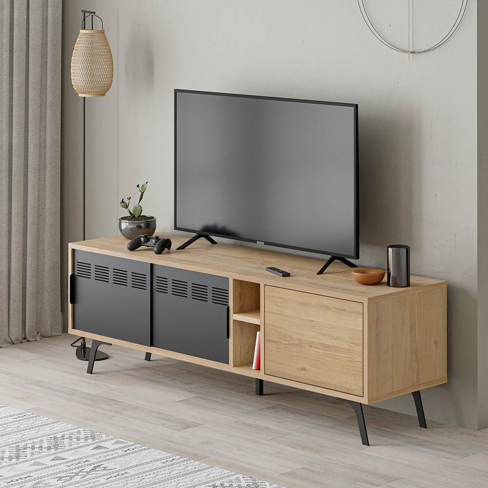 Meuble TV moderne LULIA 148 cm - Chêne et Noir - séjour ou salon