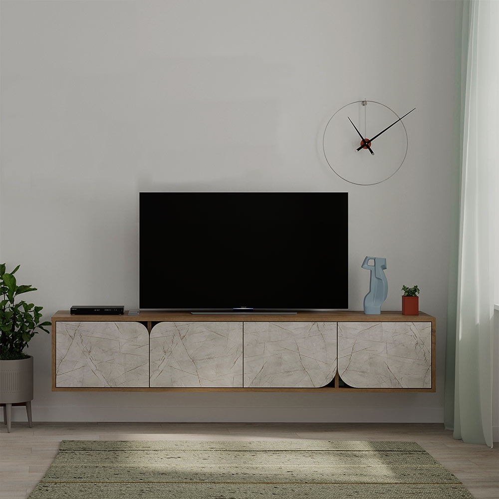 Meuble TV moderne SPARK 180 cm - Design suspendu  - Noyer et marbré