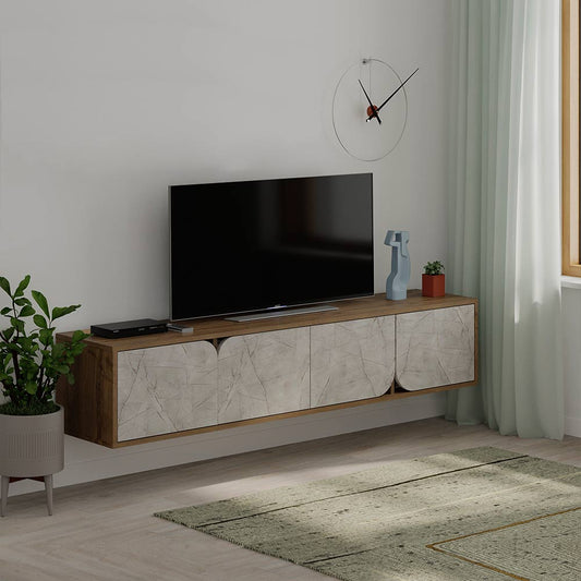 Meuble TV moderne SPARK 180 cm - Design suspendu  - Noyer et marbré