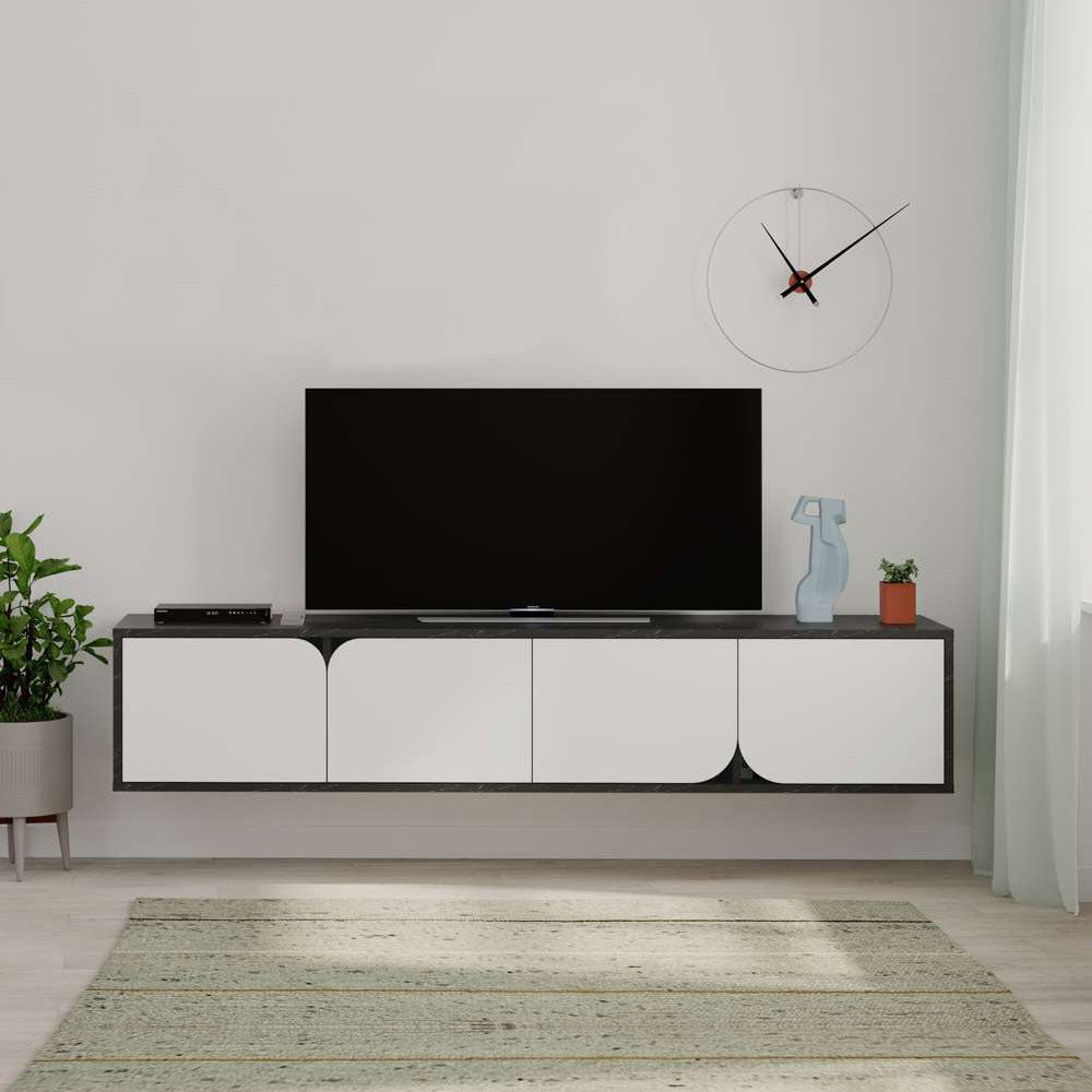Meuble TV moderne SPARK 180 cm - Design suspendu  - Marbré et Blanc