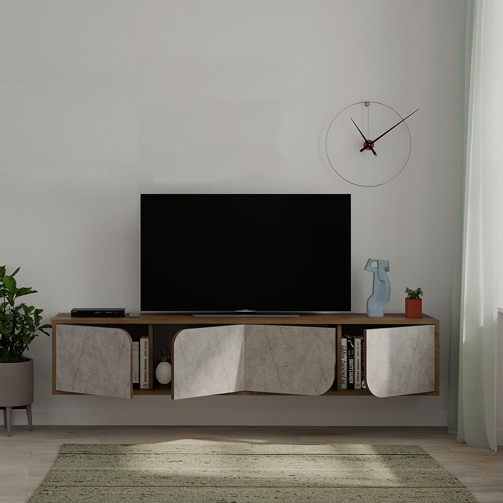 Meuble TV moderne SPARK 180 cm - Design suspendu  - Noyer et marbré