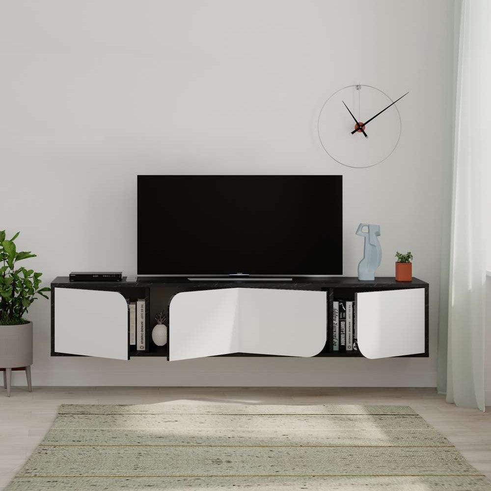 Meuble TV moderne SPARK 180 cm - Design suspendu  - Marbré et Blanc