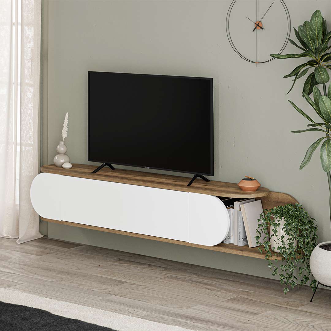 Meuble TV à design suspendu TONE 180 cm - Noyer et Blanc