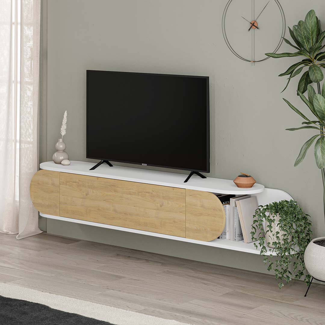 Meuble TV à design suspendu TONE 180 cm - Blanc et Chêne