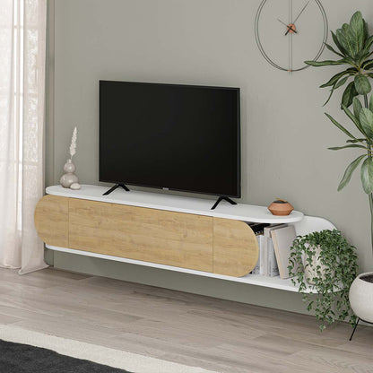 Meuble TV à design suspendu TONE 180 cm - Blanc et Chêne
