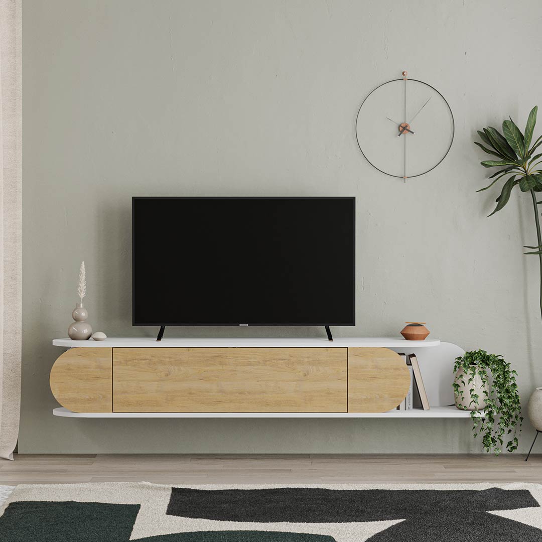 Meuble TV à design suspendu TONE 180 cm - Blanc et Chêne