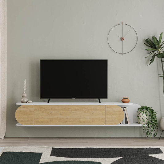 Meuble TV à design suspendu TONE 180 cm - Blanc et Chêne