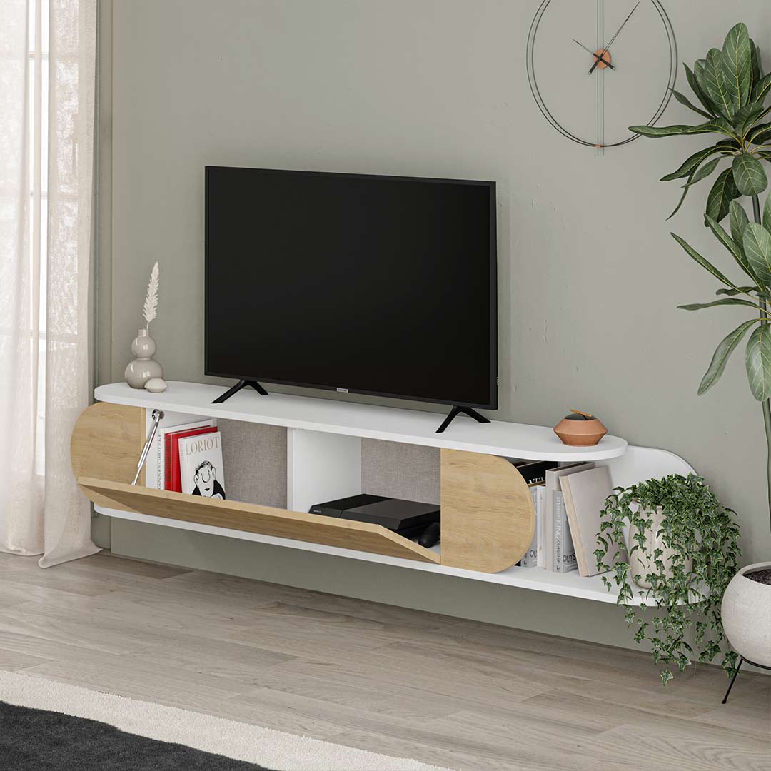 Meuble TV à design suspendu TONE 180 cm - Blanc et Chêne