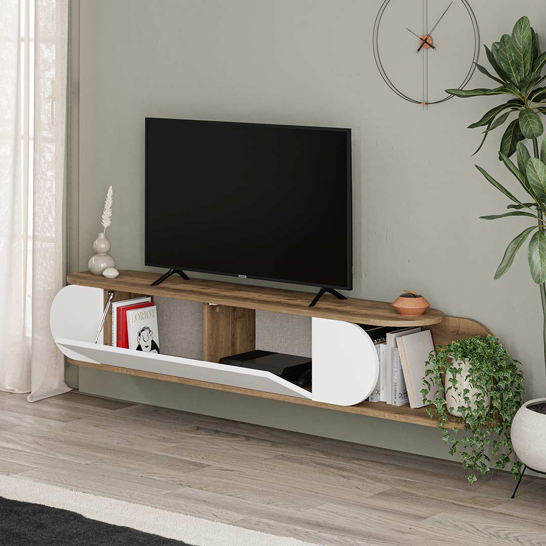Meuble TV à design suspendu TONE 180 cm - Noyer et Blanc