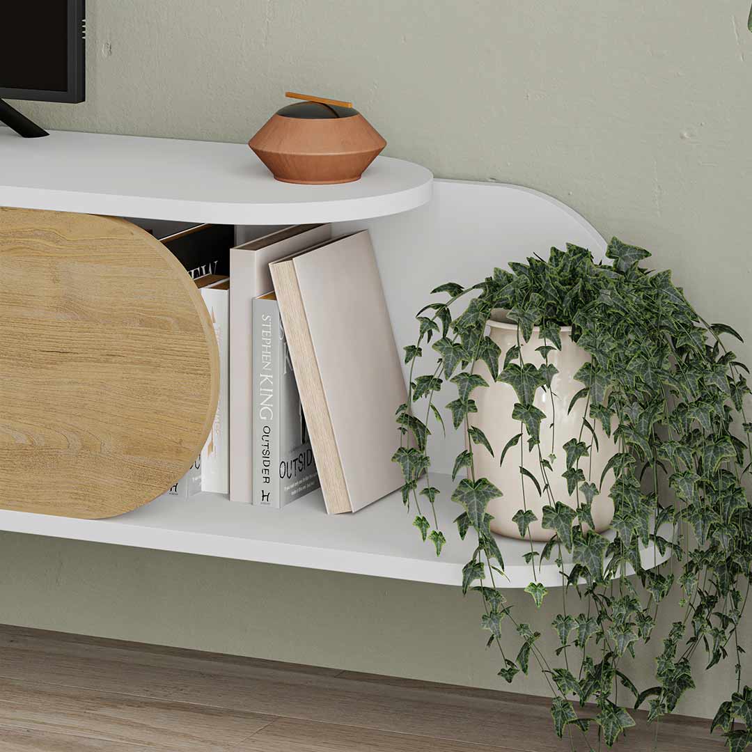 Meuble TV à design suspendu TONE 180 cm - Blanc et Chêne