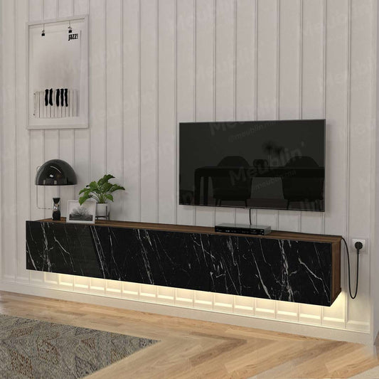 Meuble TV design suspendu DAMLA 180 cm - Noyer Marbré