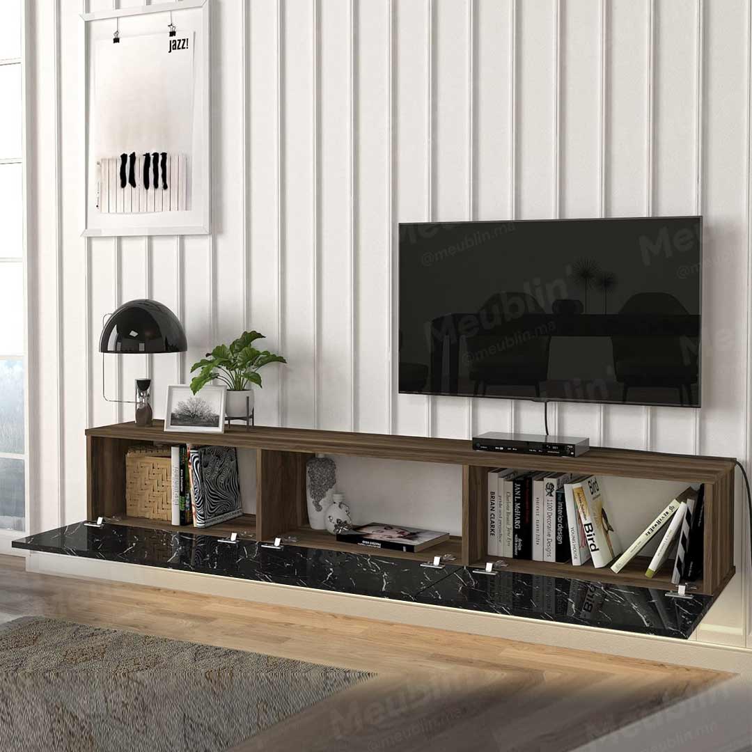 Meuble TV design suspendu DAMLA 180 cm - Noyer Marbré