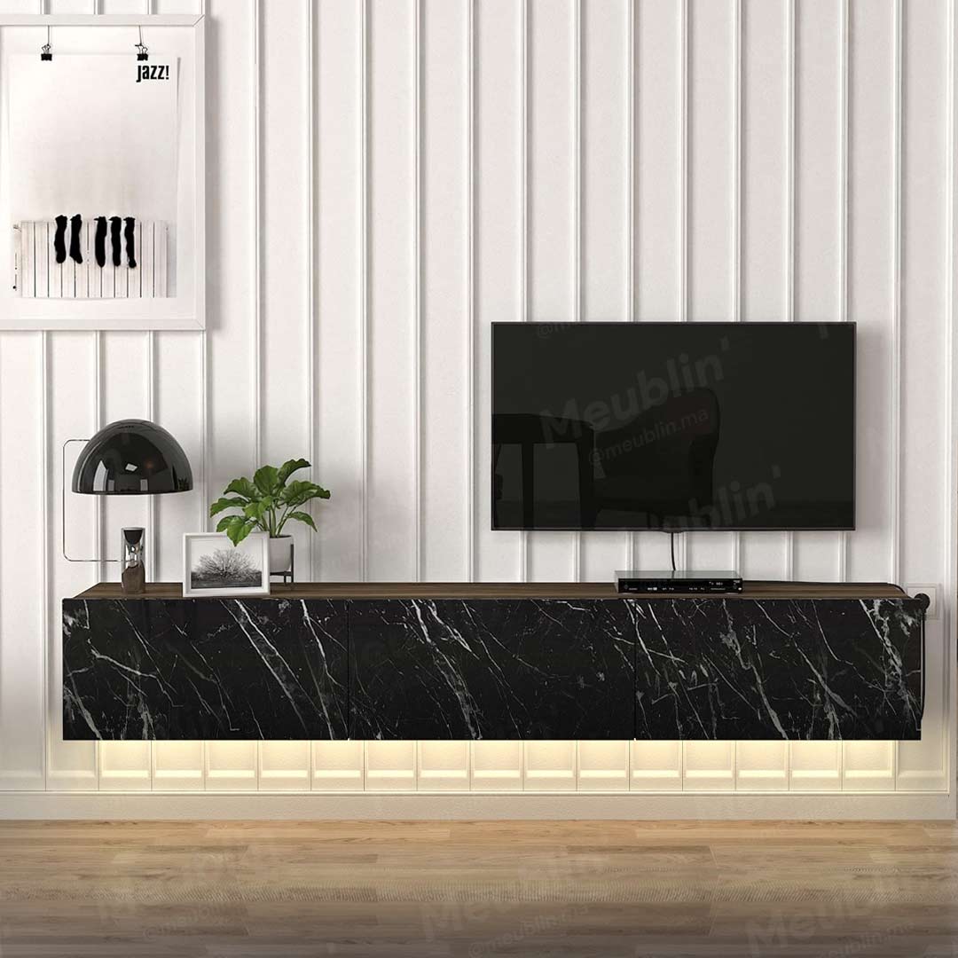 Meuble TV design suspendu DAMLA 180 cm - Noyer Marbré