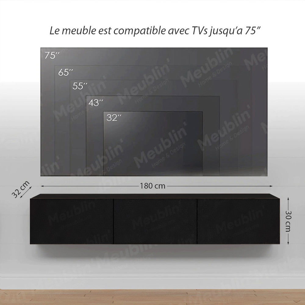 Meuble TV design suspendu DAMLA 180 cm - Noir