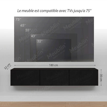 Meuble TV design suspendu DAMLA 180 cm - Noir