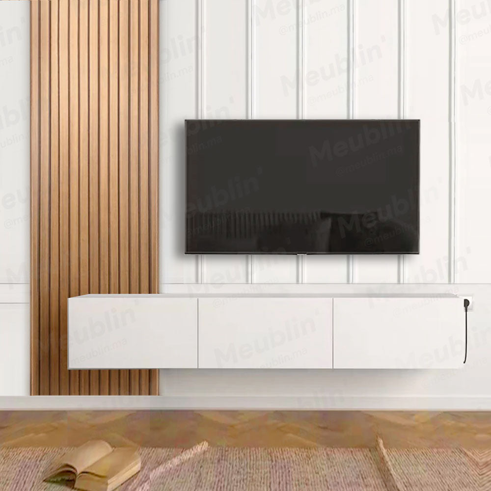Meuble TV suspendu 180 cm Blanc - avec Bardage en bois MDF