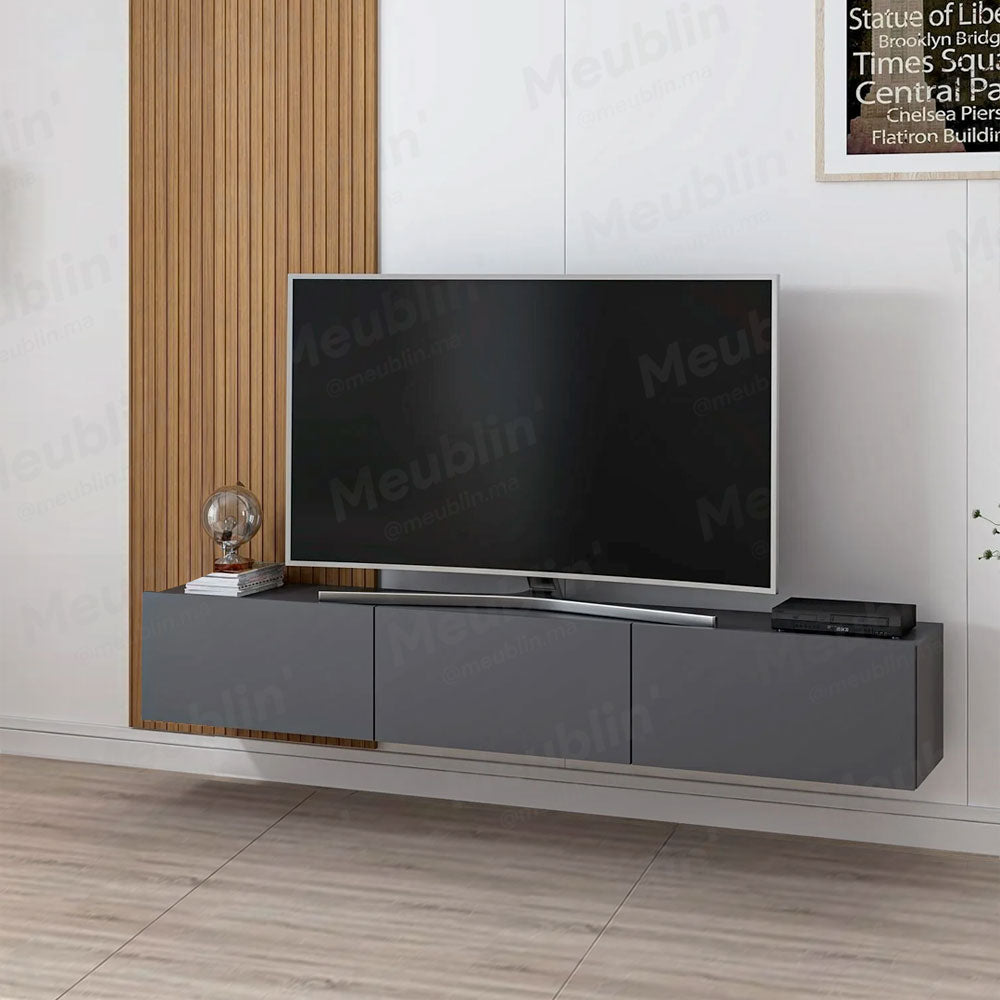 Meuble TV suspendu 180 cm - Gris - avec Bardage en bois MDF