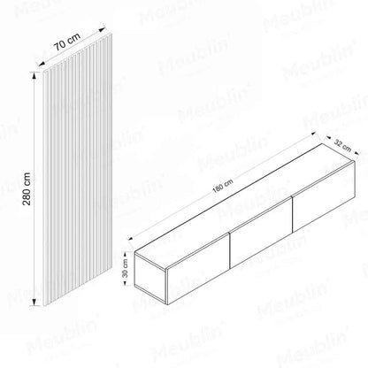 Meuble TV suspendu 180 cm - Gris - avec Bardage en bois MDF