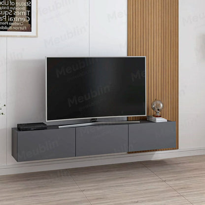 Meuble TV suspendu 180 cm - Gris - avec Bardage en bois MDF