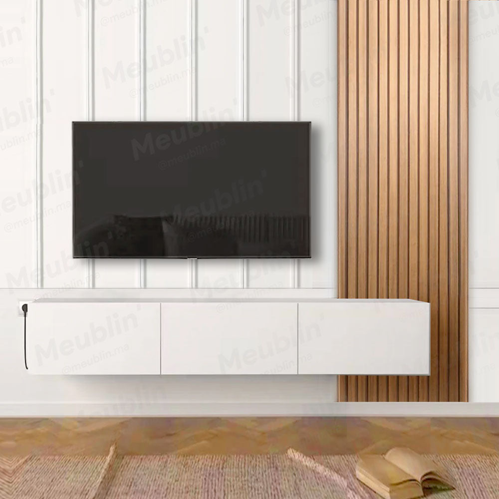 Meuble TV suspendu 180 cm Blanc - avec Bardage en bois MDF