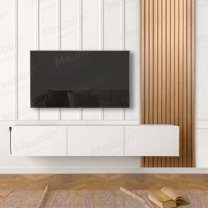 Meuble TV suspendu 180 cm Blanc - avec Bardage en bois MDF