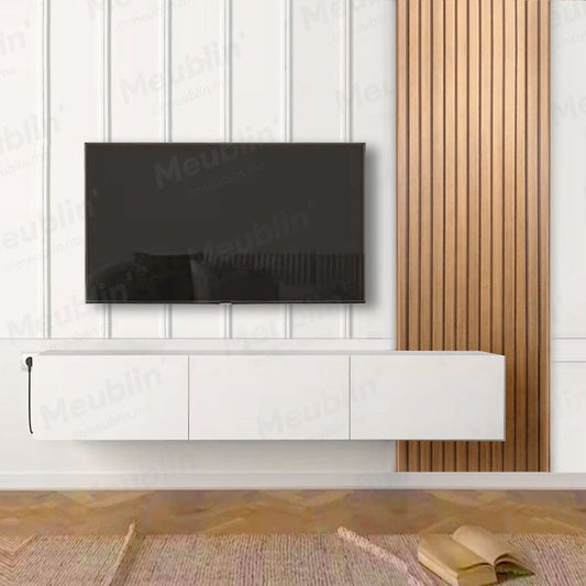 Meuble TV suspendu 180 cm Blanc - avec Bardage en bois MDF